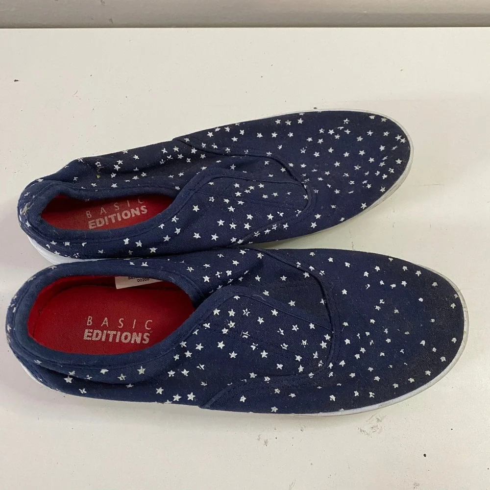 Basic‎ Editions Star Print Slip On Sneakers Womens 7 Navy Blue Canvas Flats